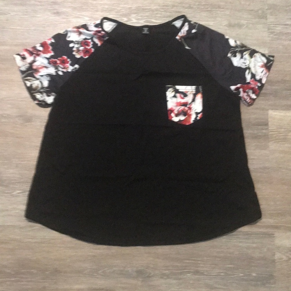 SHEIN black blouse with pocket floral sleeves and pocket. New never worn.